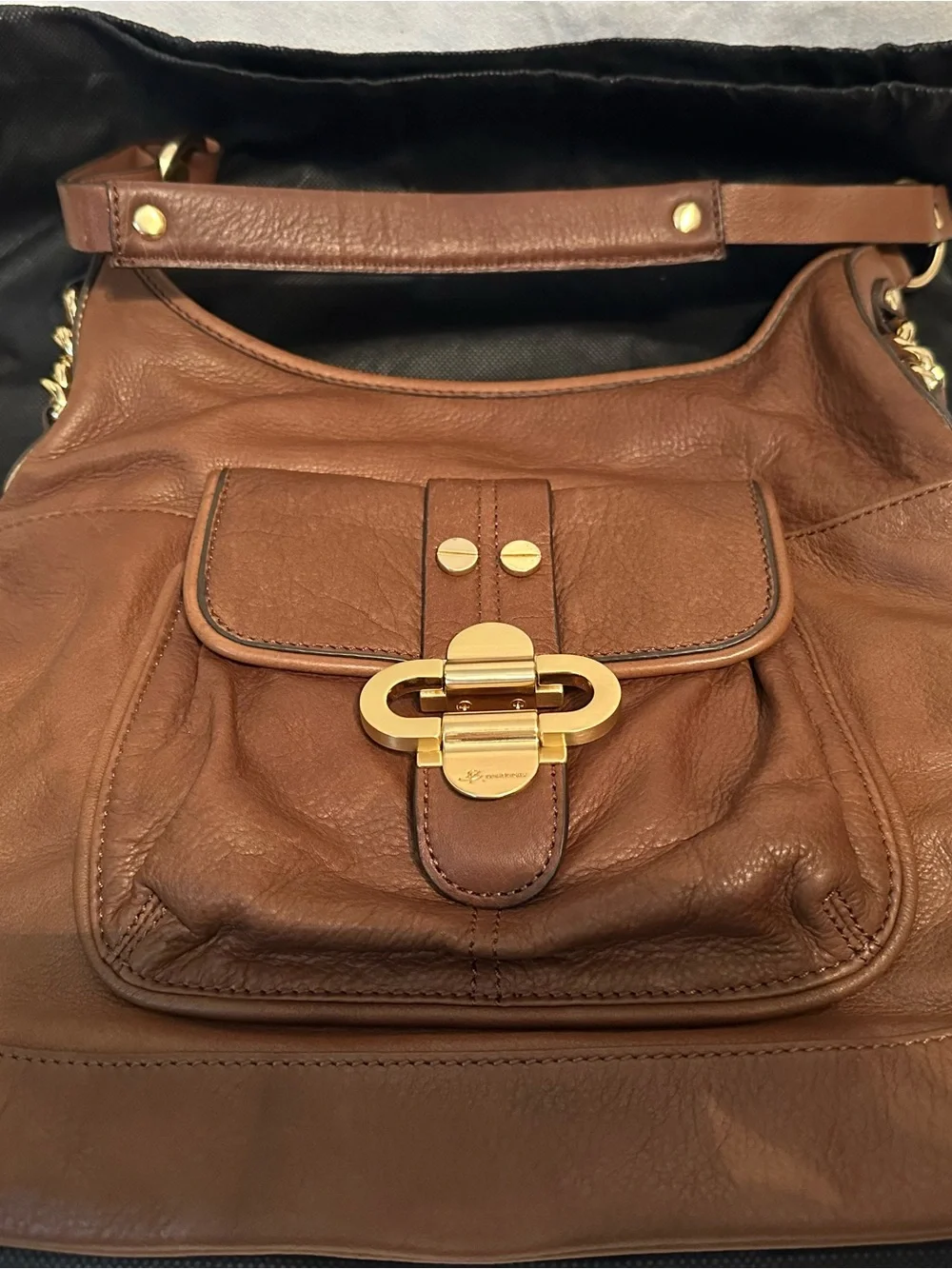 B Makowsky Brown Leather Shoulder Bag with Gold Hardware